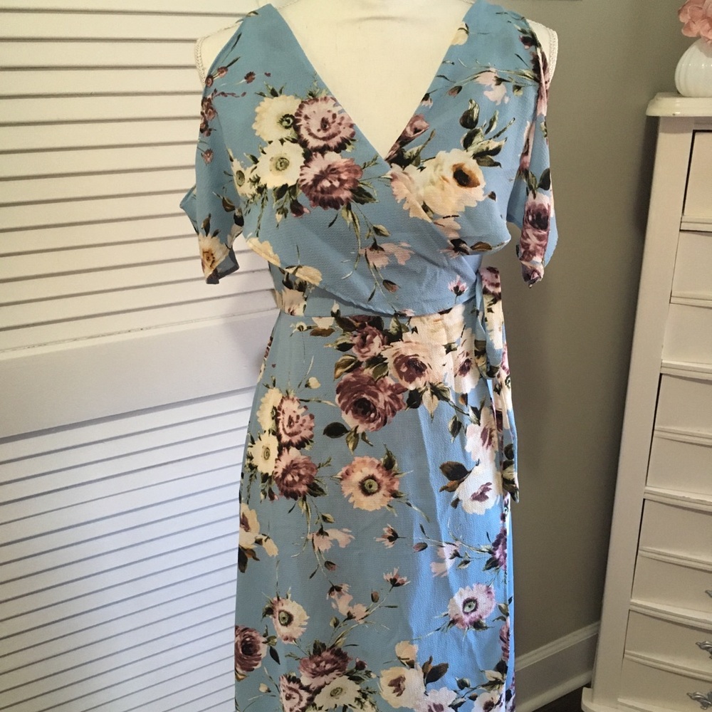 Blue Floral Cold-Shoulder Wrap Dress